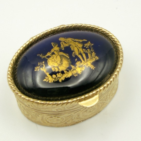 Other - Trinket Pill Box Cobalt Blue Fragonard Courting Couple Gold Tone Oval Hinged